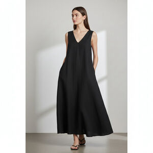New ZARA Maxi Dress V-Neck Black Faux Suede Voluminous Dress Lagenlook Grunge S